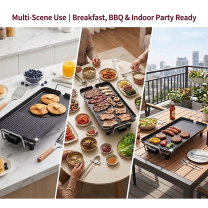 CASUALIFE 2-in-1 Electric Griddle & Indoor Grill, Non-Stick Large Cooking Surface with 5 Adjustable Temperature Controls for Pancakes, BBQ and Burgers, Black