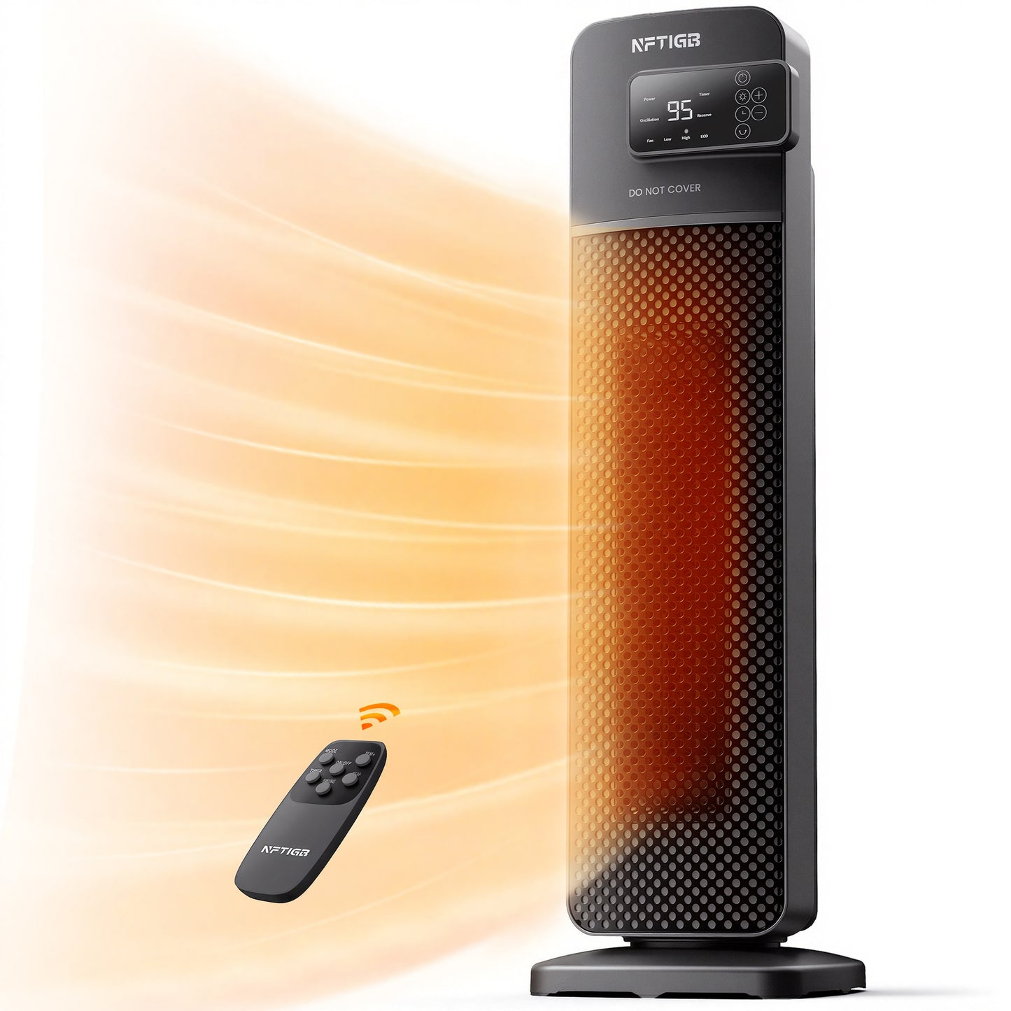 NFTIGB 24 inch PTC Ceramic Tower Heater for Home with Tip-Over Switch, Digital Display, Thermostat, Wide Oscillation, Remote, Timer, Gray