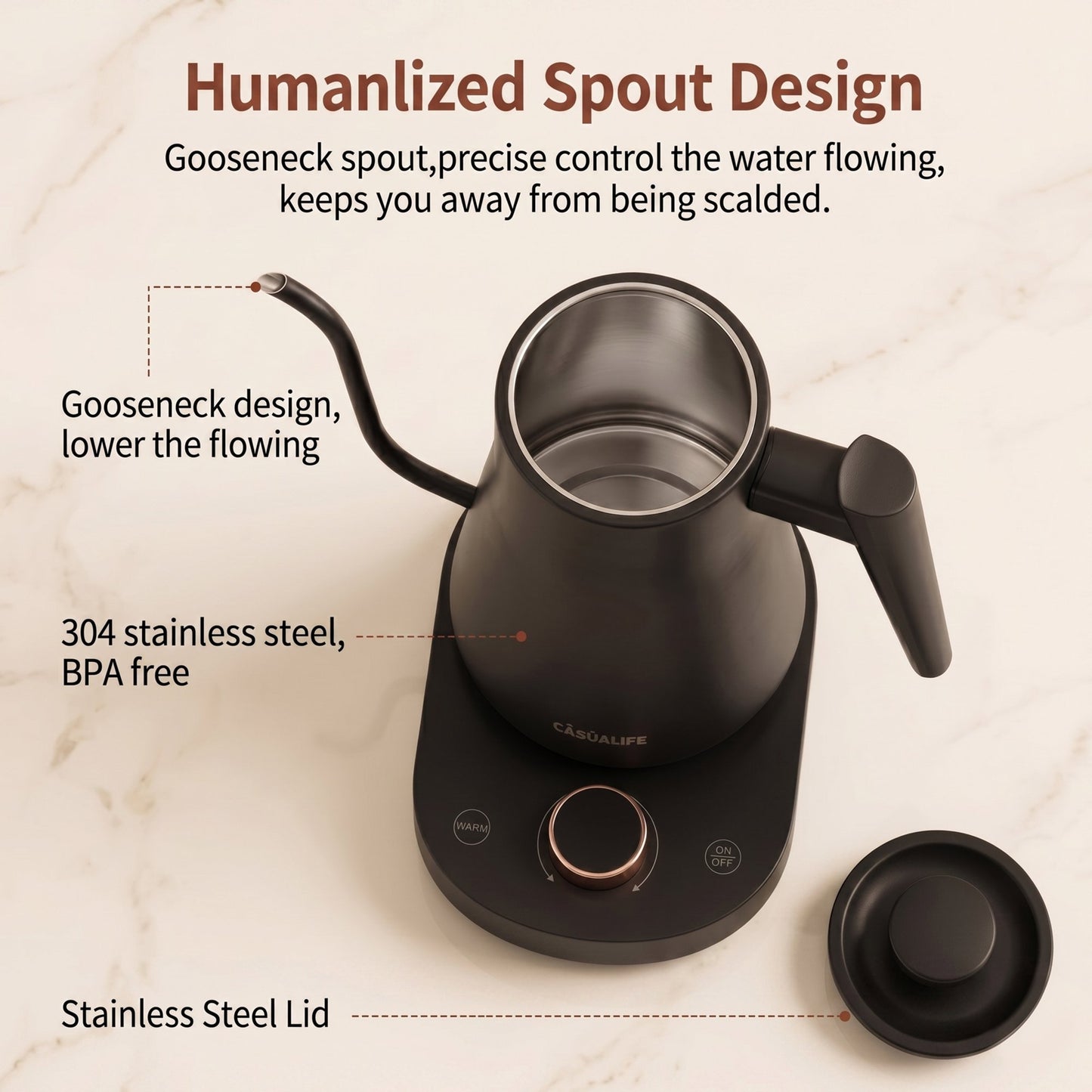Casualife 0.8L Gooseneck Electric Kettle, Digital Temperature Control Electric Tea Kettle with Keep-Warm & 60s Memory, Safe Easy Clean for Home Office.