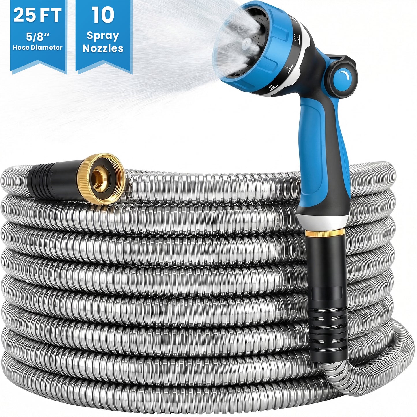 OHHANI Garden Hose 5/8" x 25ft with 10 Function Nozzles Stainless Steel Water Hose No Kink for Yard Outdoor and Car Wash