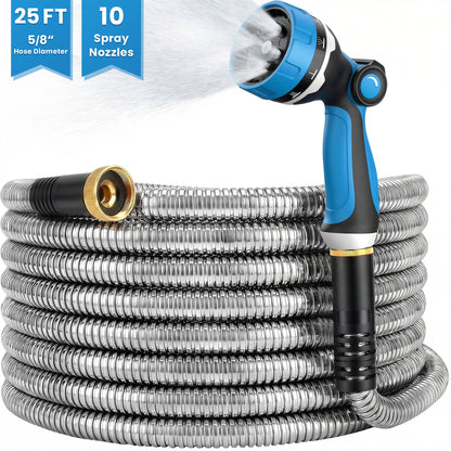 OHHANI Garden Hose 5/8" x 25ft with 10 Function Nozzles Stainless Steel Water Hose No Kink for Yard Outdoor and Car Wash
