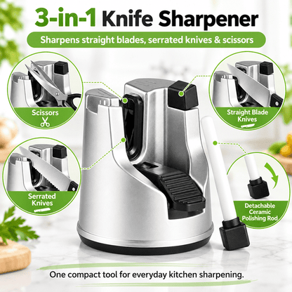 GigBu 3-in-1 Kitchen Knife Sharpener with Suction Cup Base, Manual Sharpening Tool for Straight & Serrated Knives and Scissors, Silver/Black