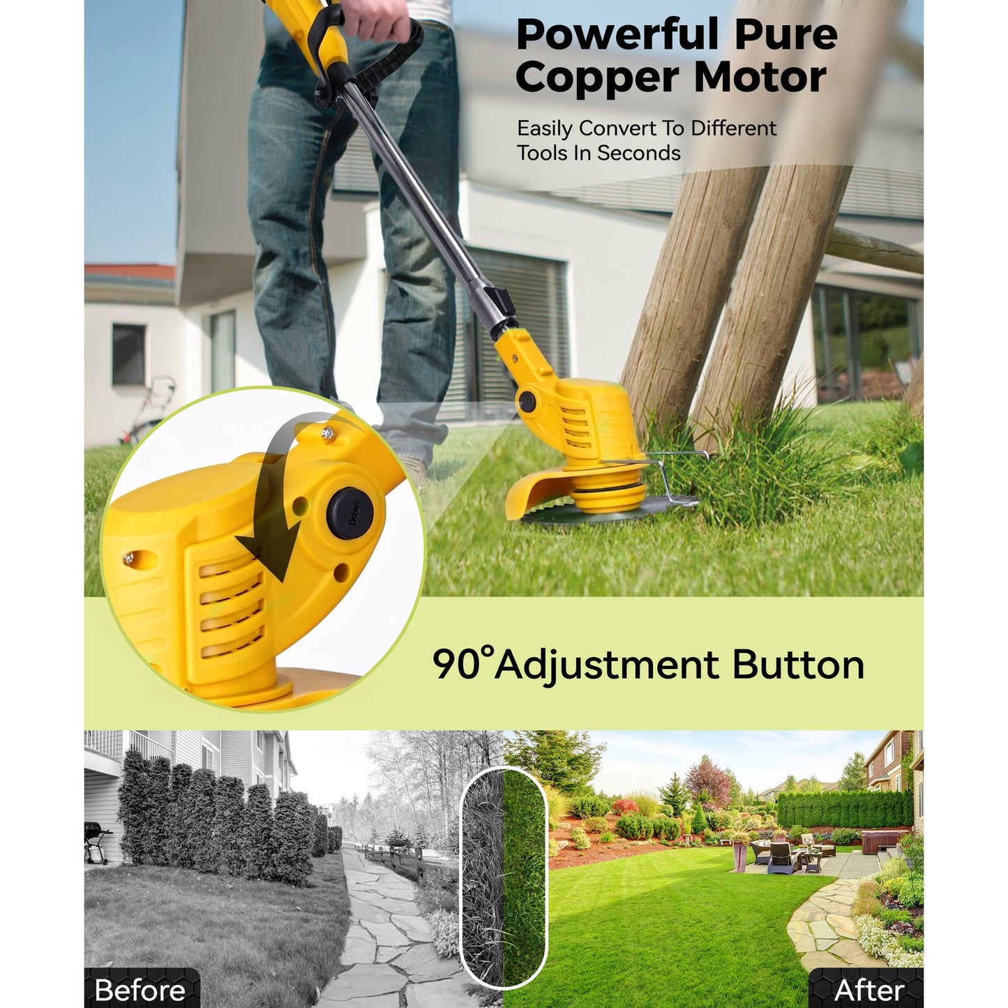HOTREE 21V Cordless Electric String Trimmer with 2×2.0Ah Batteries, 3 Functional Blades & Adjustable Handle-Weed Wacker Edger for Yard & Garden Maintenance