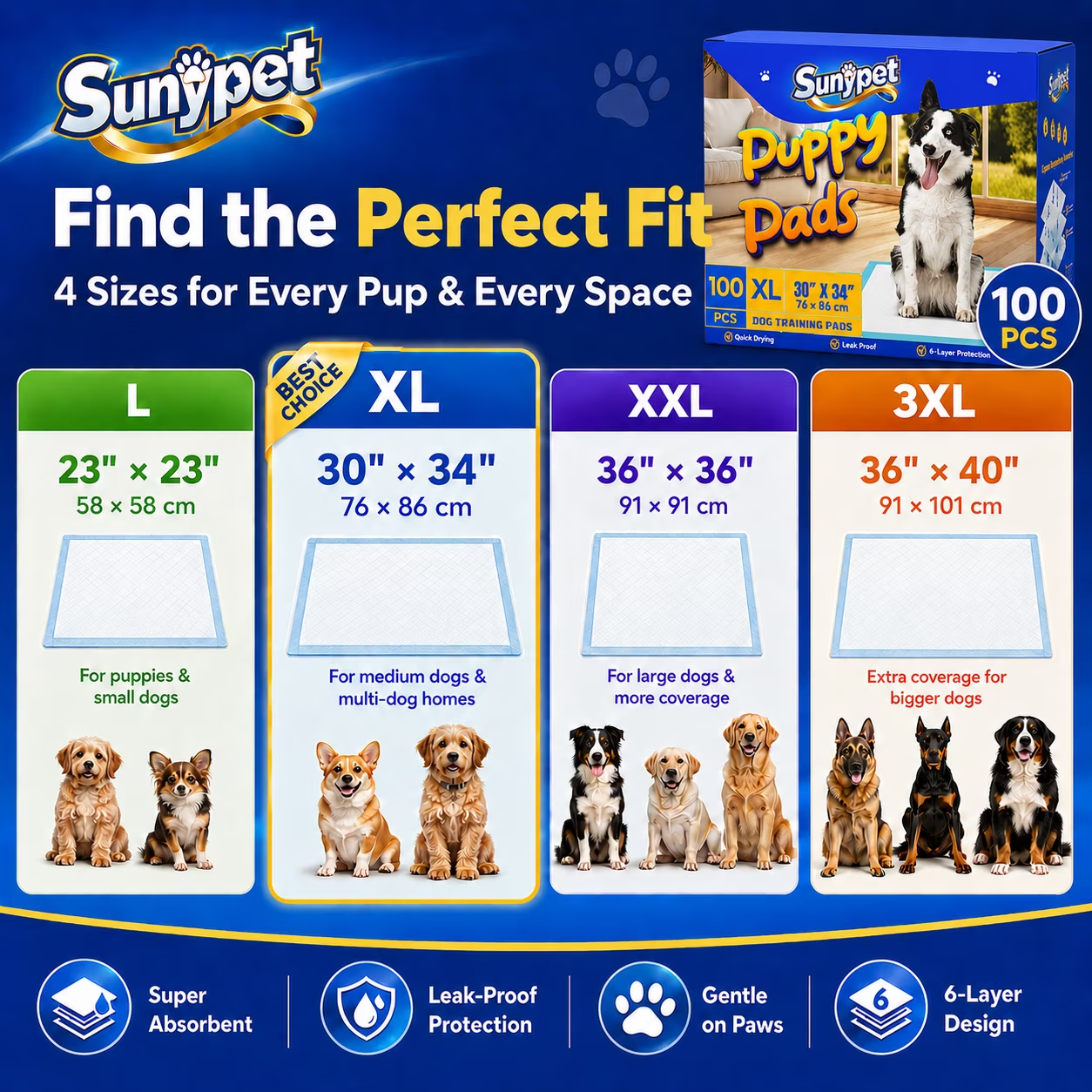 Sunypet Puppy Pads Disposable Dog Potty Training Pads, Quick Dry, Ultra Absorbent, XL 30"x34", 100ct