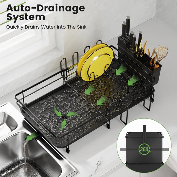 Riousery Retractable Dish Drying Rack for Kitchen Countertop, Compact Dish Rack with Drainboard Tray, Cutting Board/Utensil Holder,Black