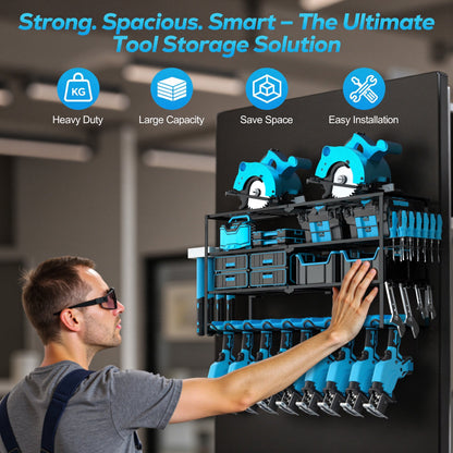 Riousery Heavy Duty Power Tool Organizer Wall Mount, 8 Drill Holder Rack with Hooks, 4-Tier Tool Storage Shelf with 350Lbs Load Capacity, Garage Tool Rack for Workshop Shed Pegboard Wall