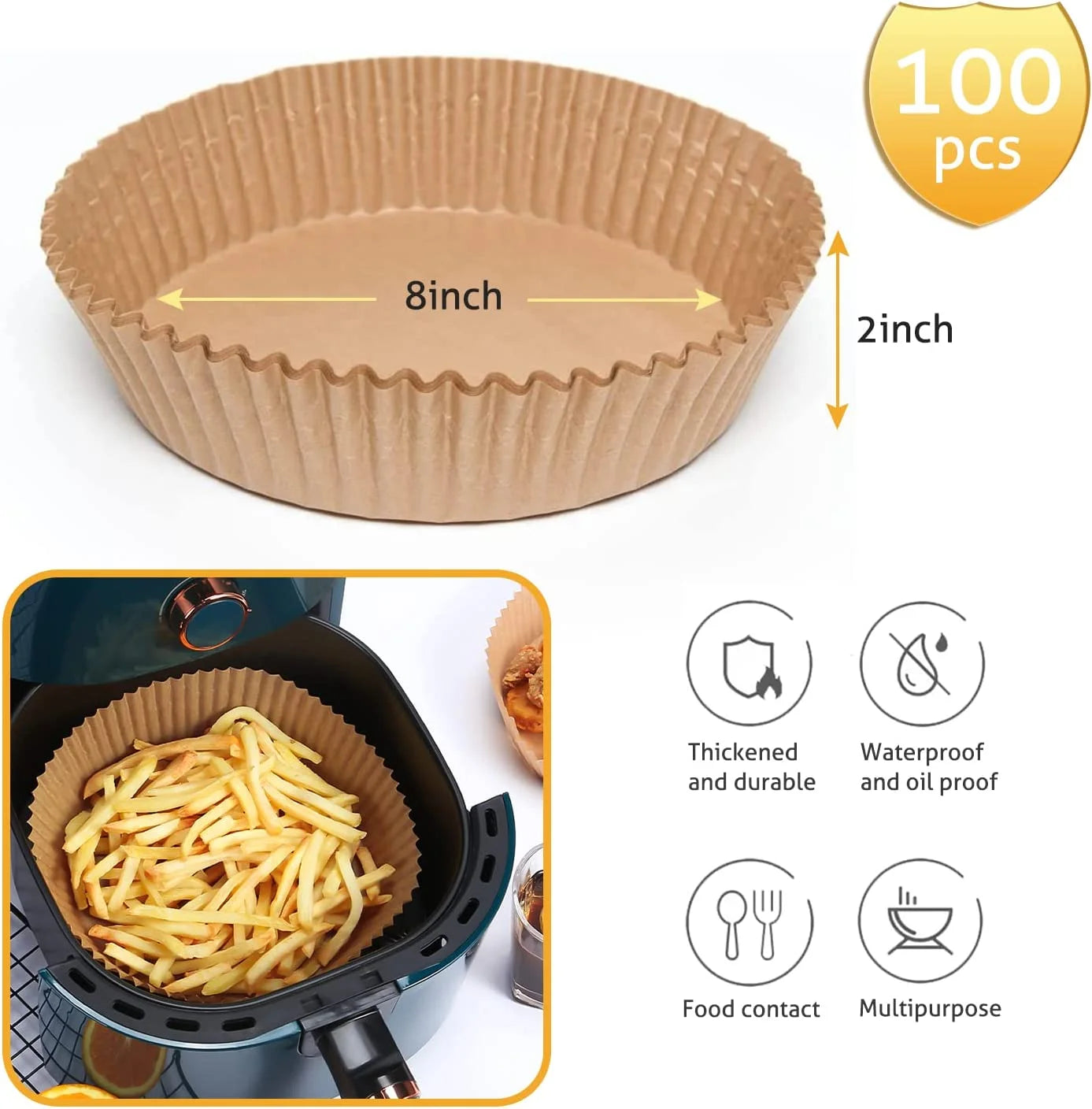 M Buder 100Pcs 8inch Round Disposable Air Fryer Liners,5-8QT Non Stick Parchment Paper for Baking,Oil Resistant,Waterproof,Cooking