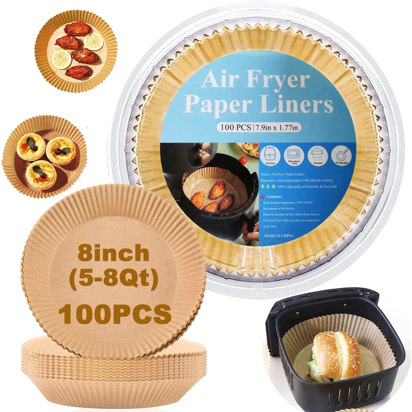 M Buder 100Pcs 8inch Round Disposable Air Fryer Liners,5-8QT Non Stick Parchment Paper for Baking,Oil Resistant,Waterproof,Cooking