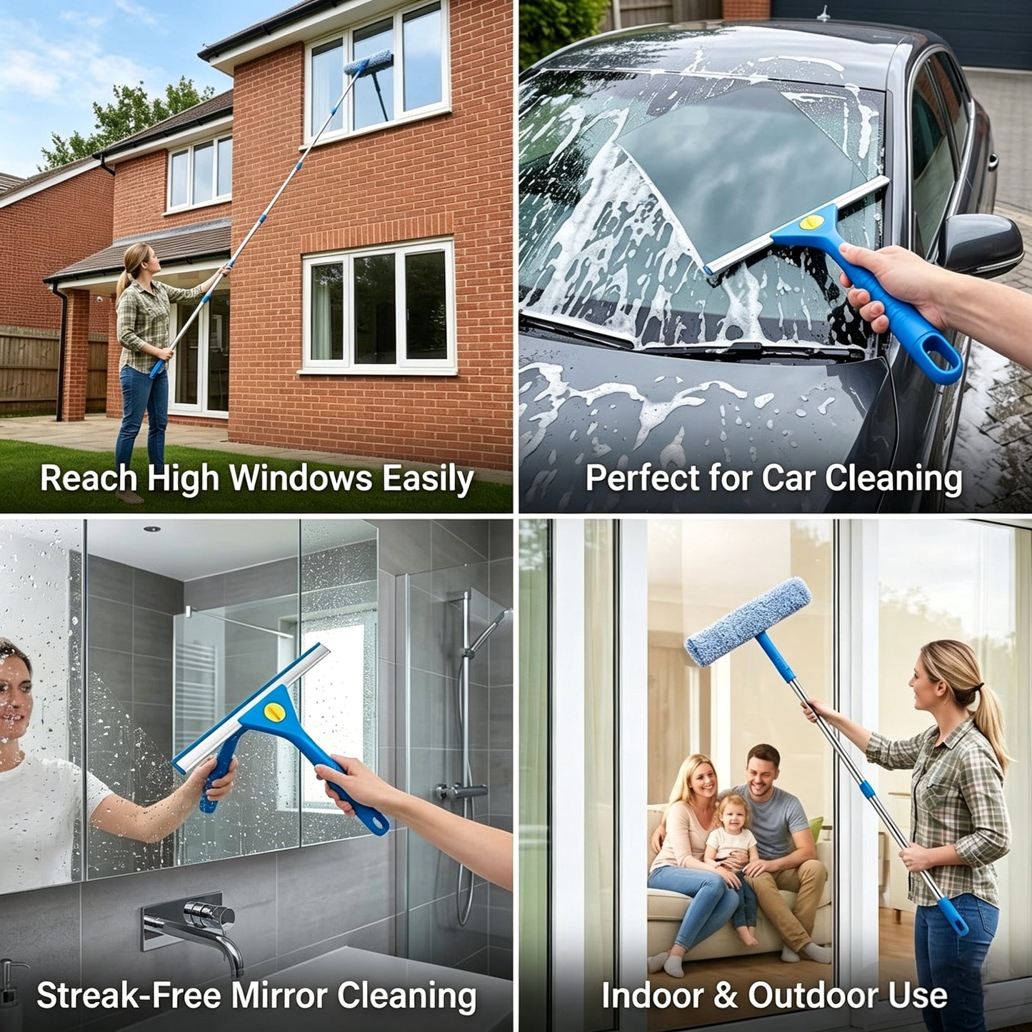 FVSA Window Cleaning Kit, Squeegee for Window Cleaning with 78.7" Extendable Stainless Steel Pole, Shower Squeegee for Glass Doors, Mirror, Tile, Car Windshield, Blue