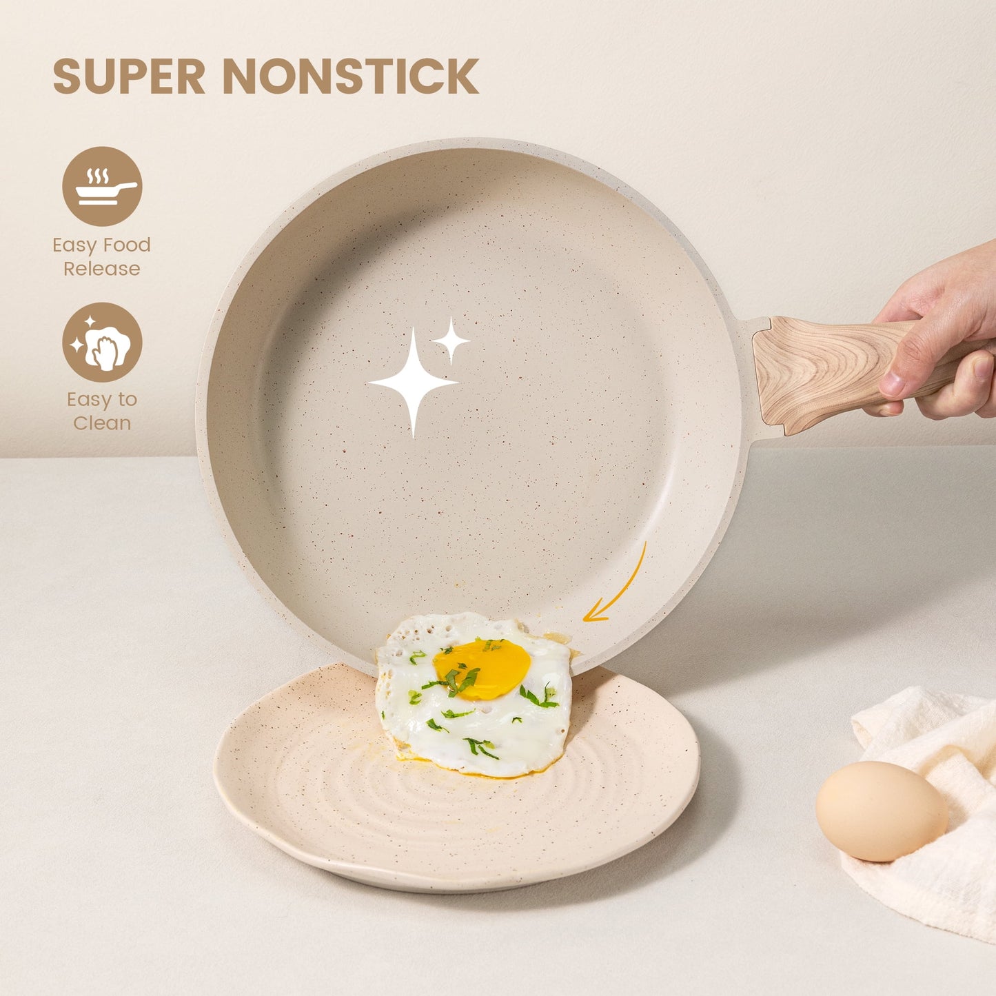 Younghome 14 Pcs Nonstick Pots and Pans Cookware Set, Kitchen Cooking Sets Easy Clean, Beige Granite