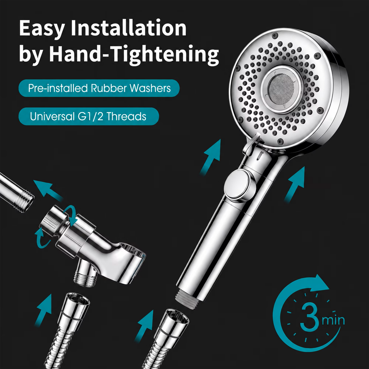 LZSDS 6-Setting High Pressure Handheld Shower Head with Pause Button, Chrome