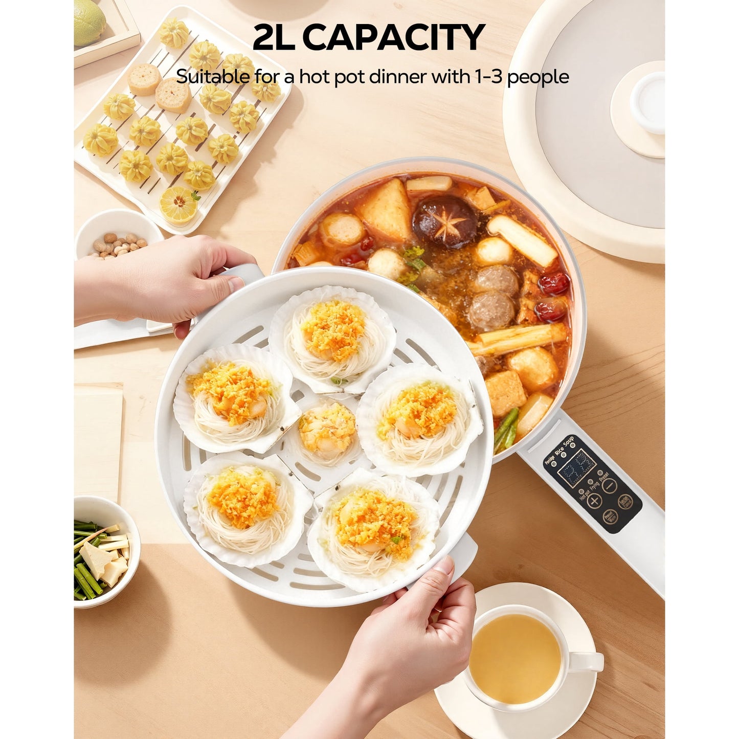 Casualife 2L Electric Hot Pot with Steamer, 6-in-1 Multi-Cooker, 5-Temp Adjustable, Keep-Warm Function，0.5-9.5H Timer for Steak, Egg, Fried Rice, Soup