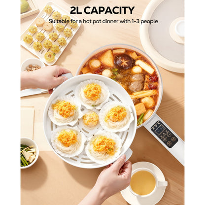 Casualife 2L Electric Hot Pot with Steamer, 6-in-1 Multi-Cooker, 5-Temp Adjustable, Keep-Warm Function，0.5-9.5H Timer for Steak, Egg, Fried Rice, Soup