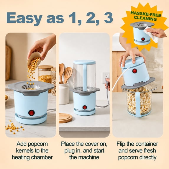 Casualife Hot Air Popcorn Maker, 1200W Oil-Free Popper with Dual-Purpose Serving Bowl, Compact Nesting Storage, Light Blue