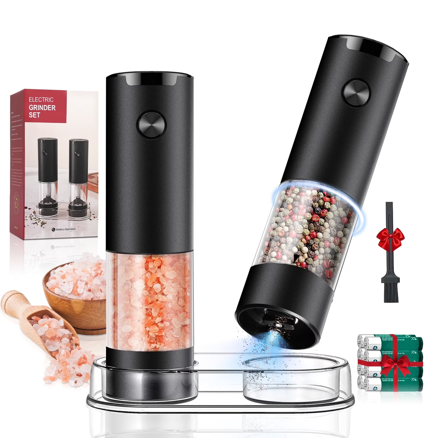 M Buder Electric Salt and Pepper Grinder Set, Automatic Battery Pepper Mill Shakers Adjustable Coarseness Easy Filling with Led, 2 Pack, Black