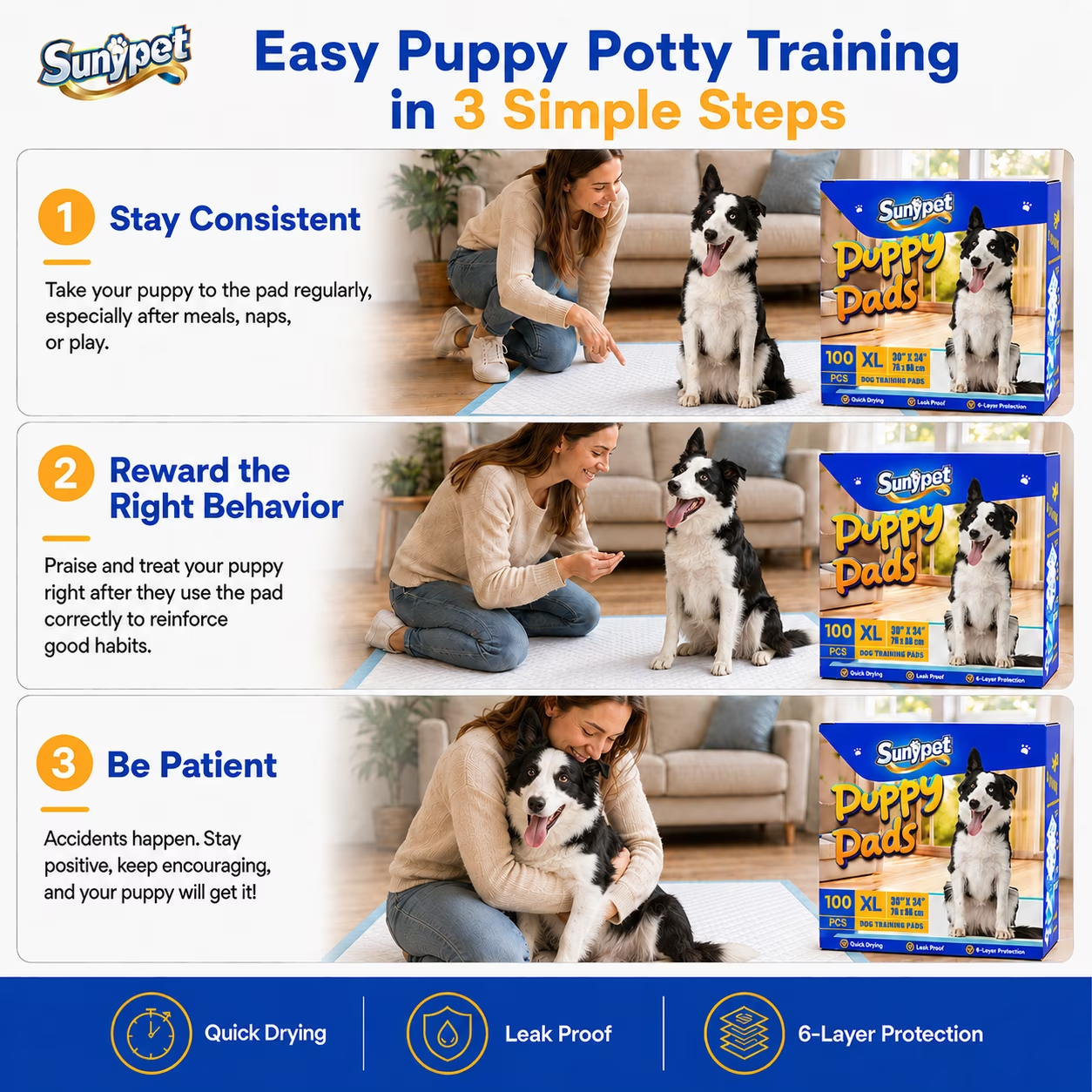Sunypet Puppy Pads Disposable Dog Potty Training Pads, Quick Dry, Ultra Absorbent, XL 30"x34", 100ct