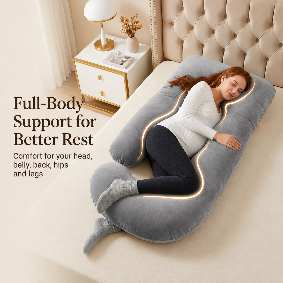 Pregnancy Pillow U Shaped Full Body Soft Maternity Pillow with Removable Velvet Cover, 70 Inch, Gray