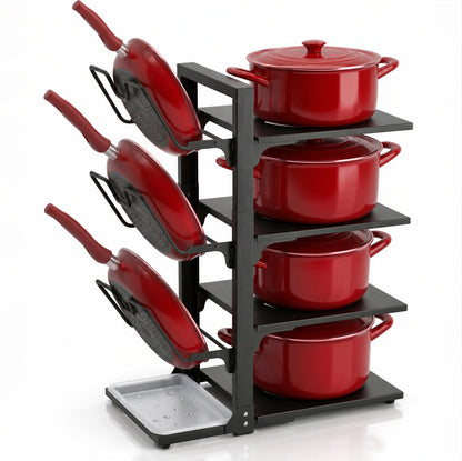 Riousery Pots and Pans Organizer, 7-Tier Adjustable Pan Rack with Lid Holder and Drip Tray, 220Lb Heavy Duty Metal Cookware Organizer for Kitchen Countertop & Cabinet, Black