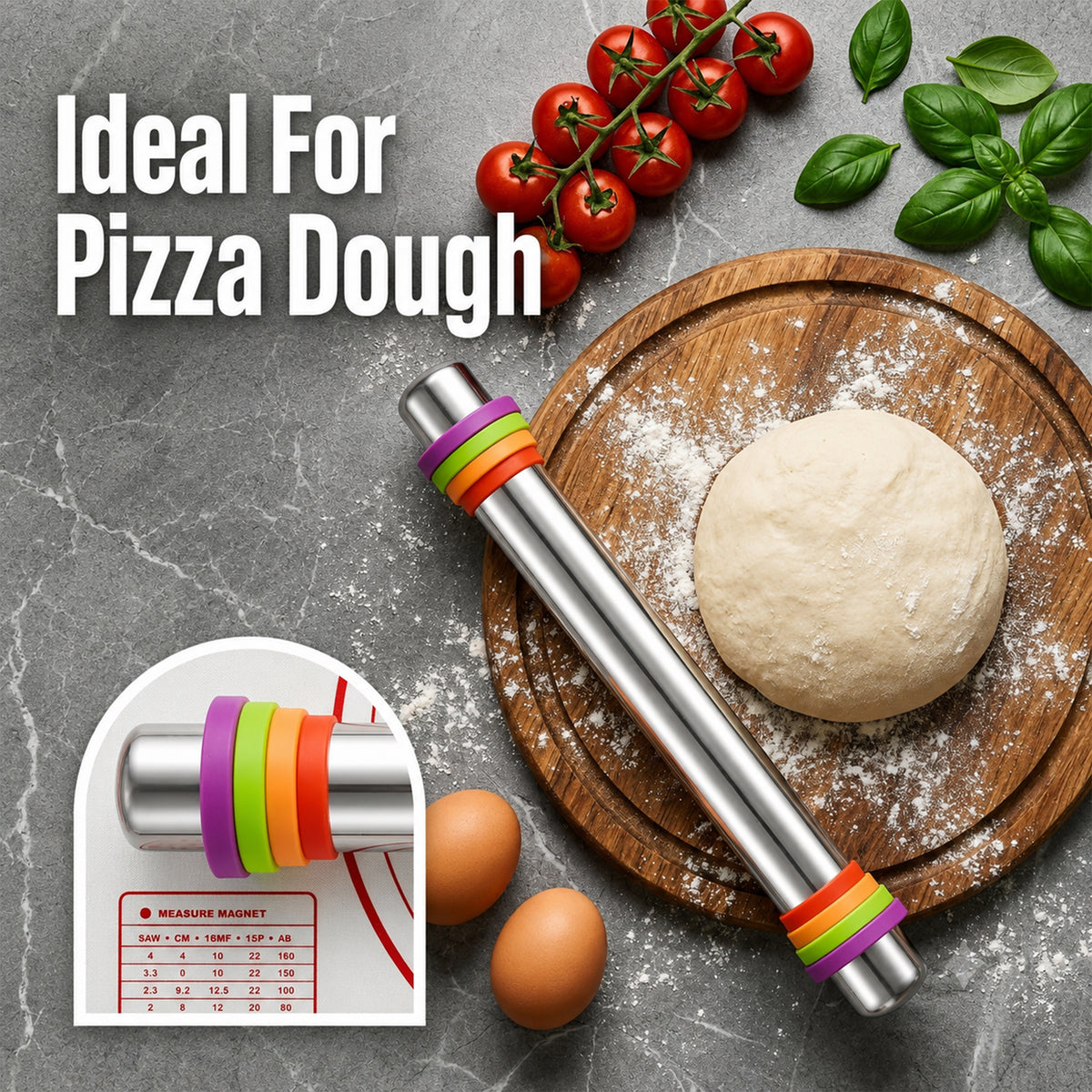 M Buder Stainless Steel Rolling Pin, Adjustable Metal Rolling Pin with Thickness Rings & Pastry Baking Mat for Baking, Dough Roller for Baking Pizza Dough Pie Cookie