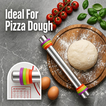 M Buder Stainless Steel Rolling Pin, Adjustable Metal Rolling Pin with Thickness Rings & Pastry Baking Mat for Baking, Dough Roller for Baking Pizza Dough Pie Cookie