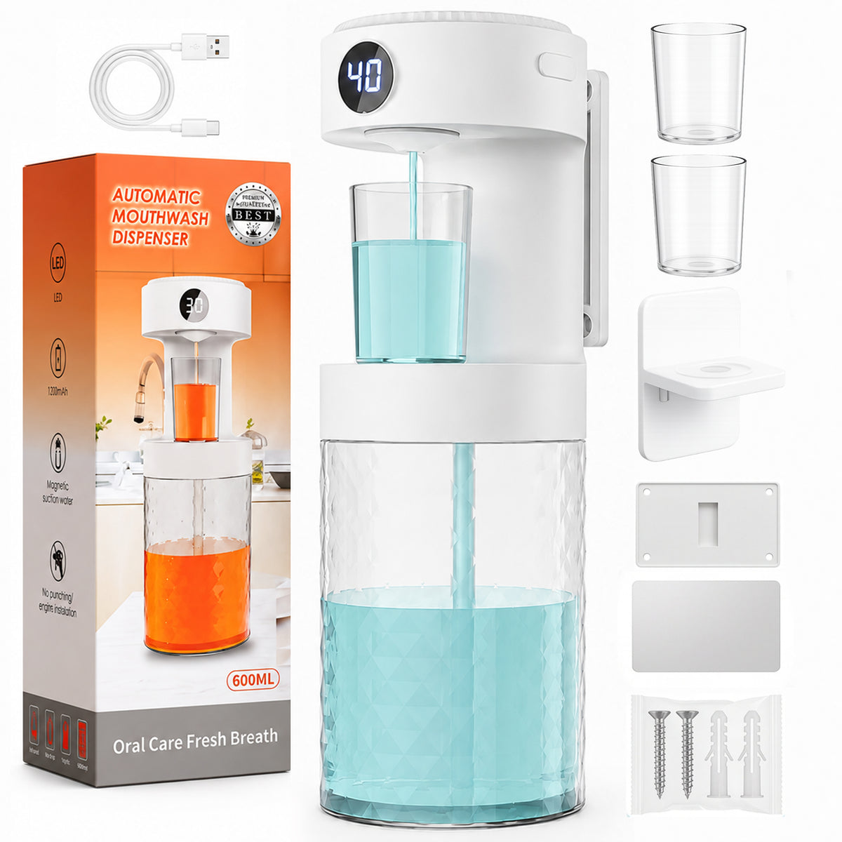 XSAPT 20.3 Oz Automatic Mouthwash Dispenser, 4-Level Adjustable, with 2 Magnetic Cups, 1-Pack
