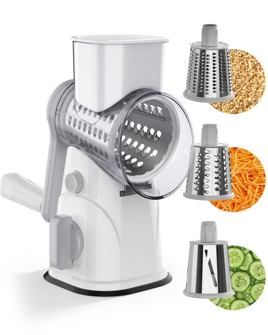 M Buder Rotary Cheese Grater with 3 Interchangeable Blades, Hand Crank Cheese Shredder Vegetable Chopper , Mandoline Slicer, Suction Base, White