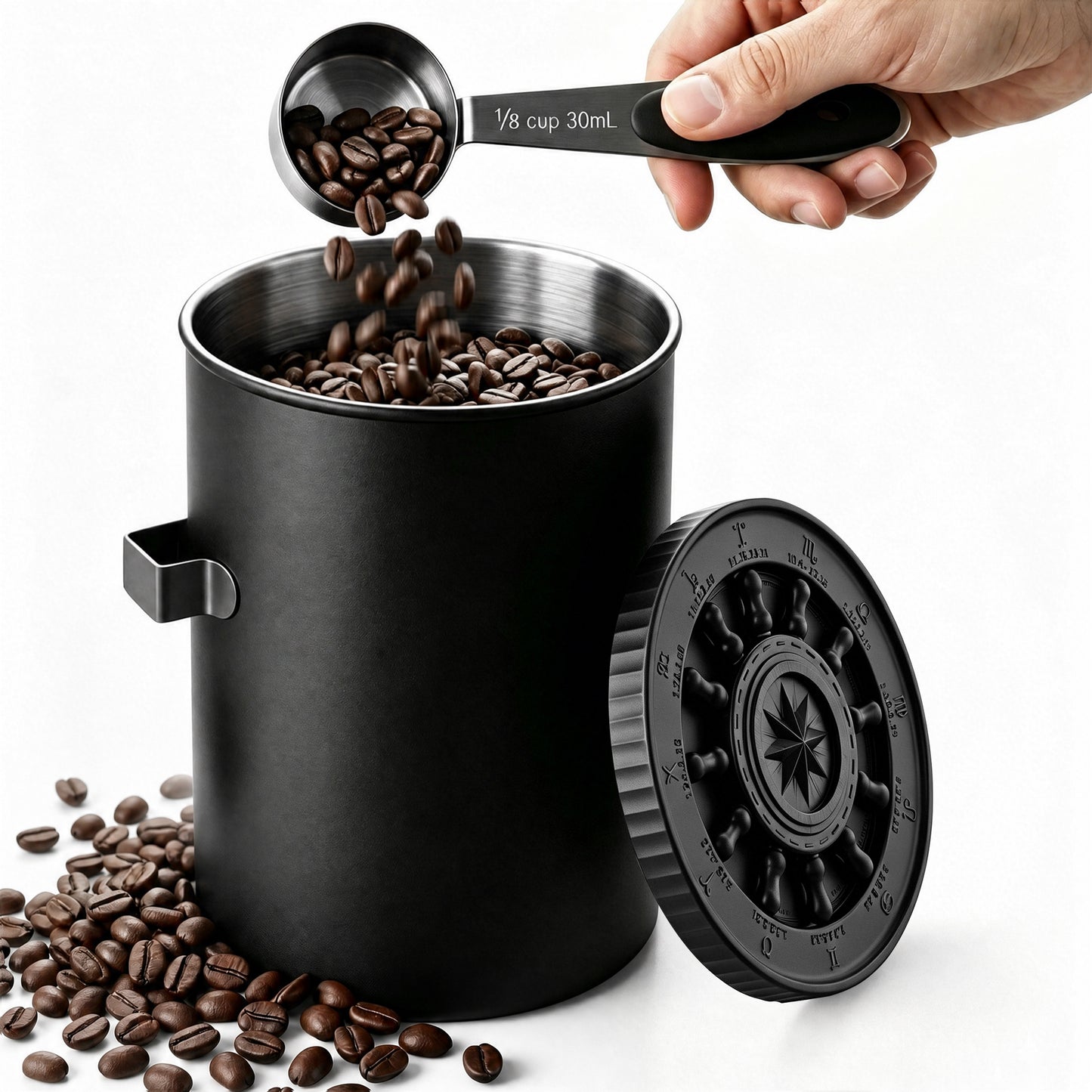Riousery 60 oz Matte Black Stainless Steel Coffee Canister, Airtight Storage for Beans, Tea & Sugar with Valve and Scoop
