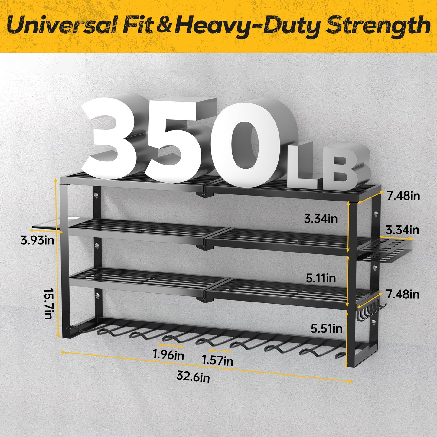 Riousery Heavy Duty Power Tool Organizer Wall Mount, 8 Drill Holder Rack with Hooks, 4-Tier Tool Storage Shelf with 350Lbs Load Capacity, Garage Tool Rack for Workshop Shed Pegboard Wall