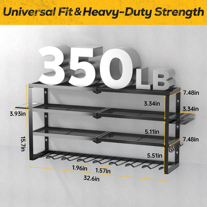 Riousery Heavy Duty Power Tool Organizer Wall Mount, 8 Drill Holder Rack with Hooks, 4-Tier Tool Storage Shelf with 350Lbs Load Capacity, Garage Tool Rack for Workshop Shed Pegboard Wall
