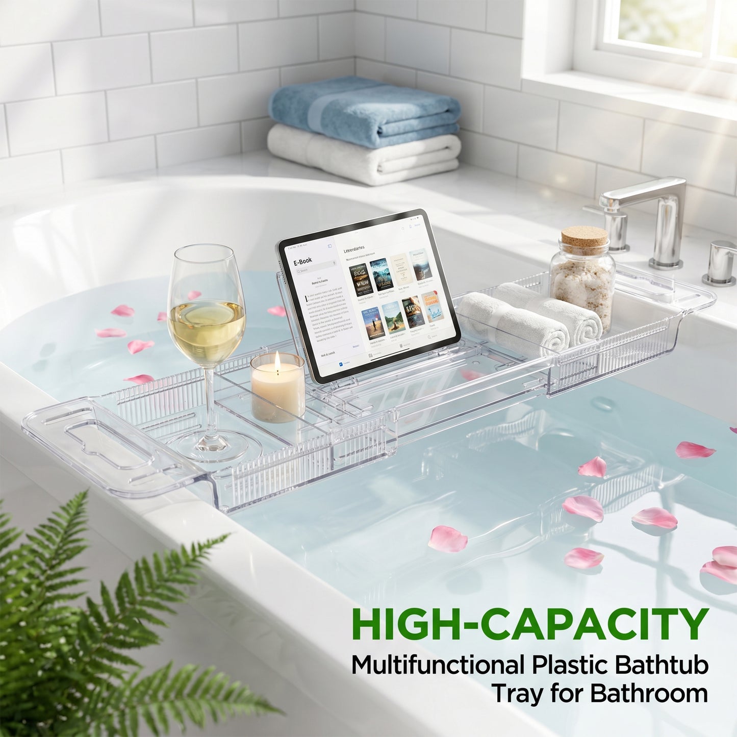 LZSDS Bathtub Rack Extendable 22.24-31.5 Inch, Acrylic Bath Tray with Adjustable Stand for Book Tablet and Wine Glass