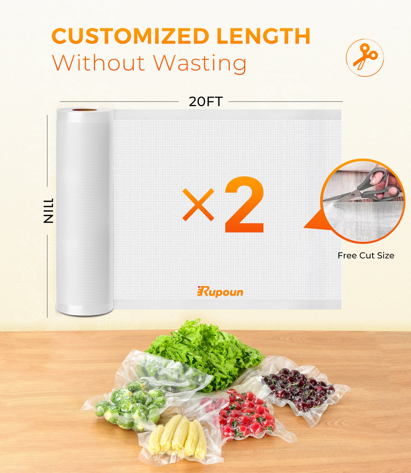 Rupoun 2 Rolls 11"X 20' Vacuum Sealer Bags for Food, Vacuum Seal Rolls Food Storage Bag, Clear