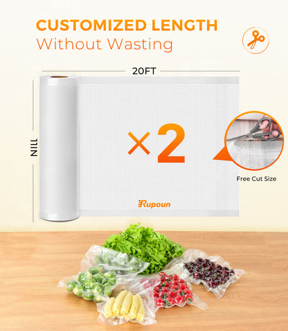 Rupoun 2 Rolls 11"X 20' Vacuum Sealer Bags for Food, Vacuum Seal Rolls Food Storage Bag, Clear