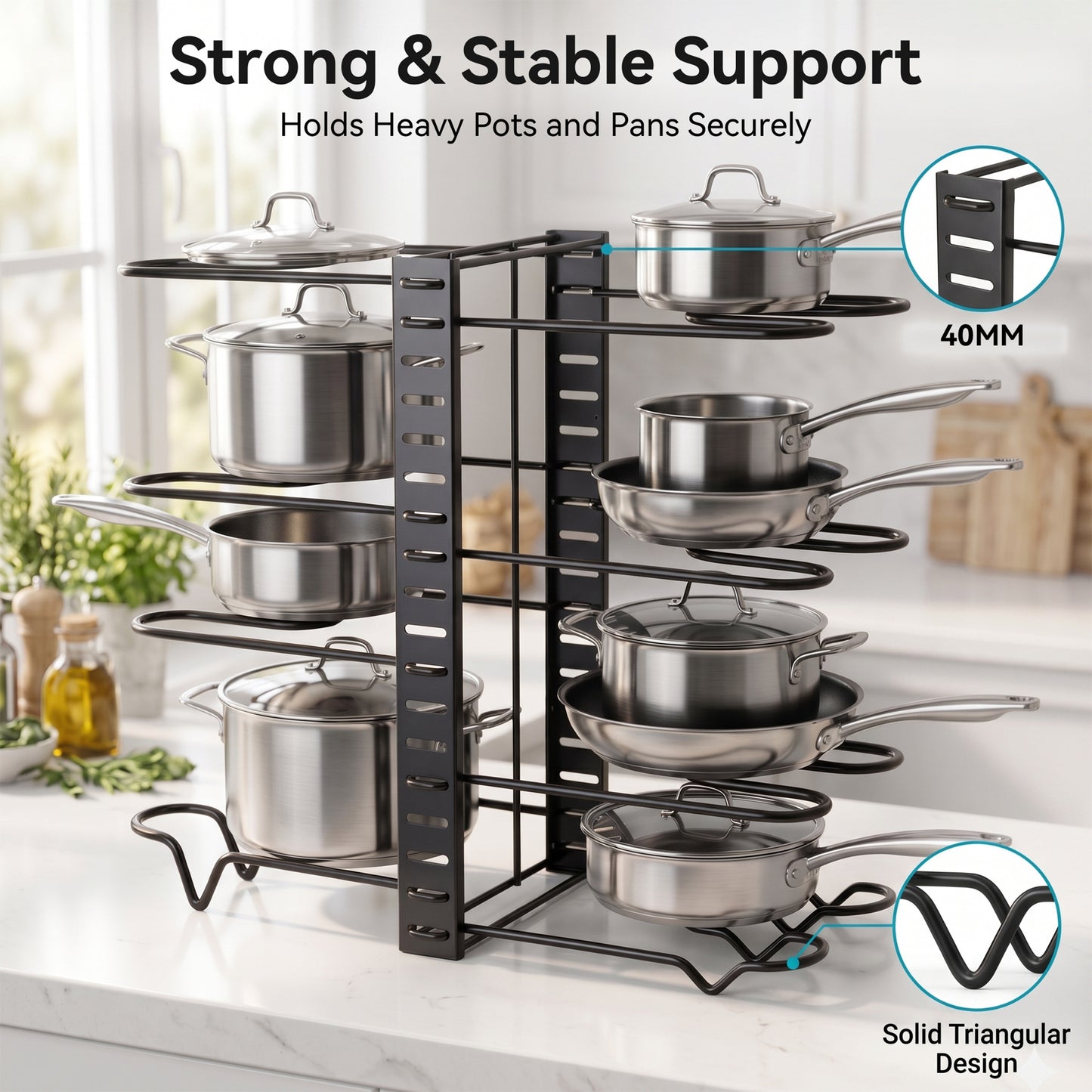 Riousery Pot and Pan Organizer Rack for Cabinet, 8-Tier Adjustable Cookware Organizer with Dividers, 3-Way Assembly, Tool-Free Setup, Non-Slip Storage for Pots, Pans, Lids and Bakeware