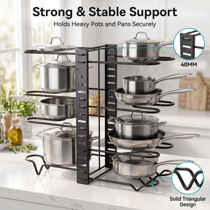 Riousery Pot and Pan Organizer Rack for Cabinet, 8-Tier Adjustable Cookware Organizer with Dividers, 3-Way Assembly, Tool-Free Setup, Non-Slip Storage for Pots, Pans, Lids and Bakeware