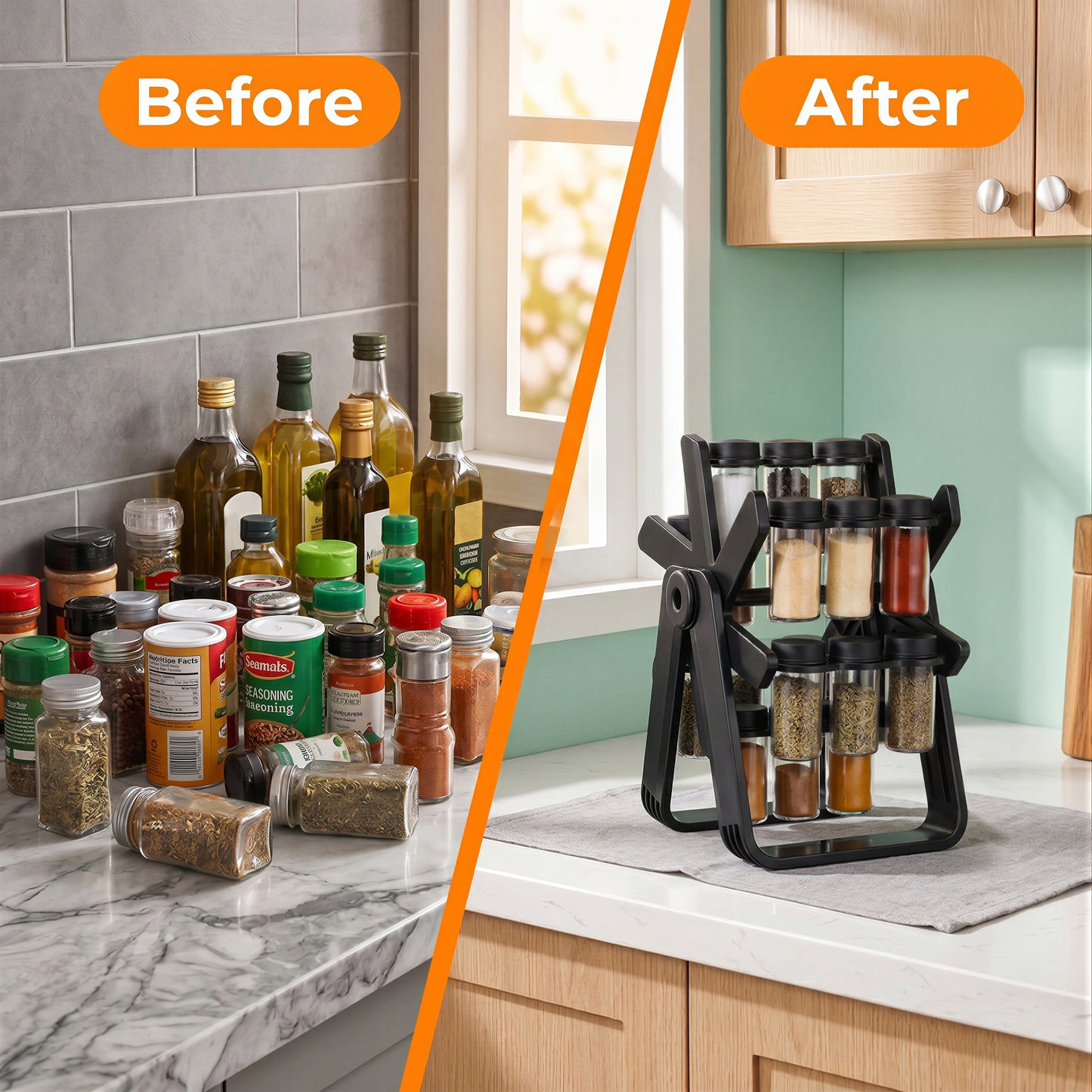 Alylo 360° Revolving Countertop Seasoning Holder and Cabinet Spice Rack Organizer, 18 Glass Jars, Black