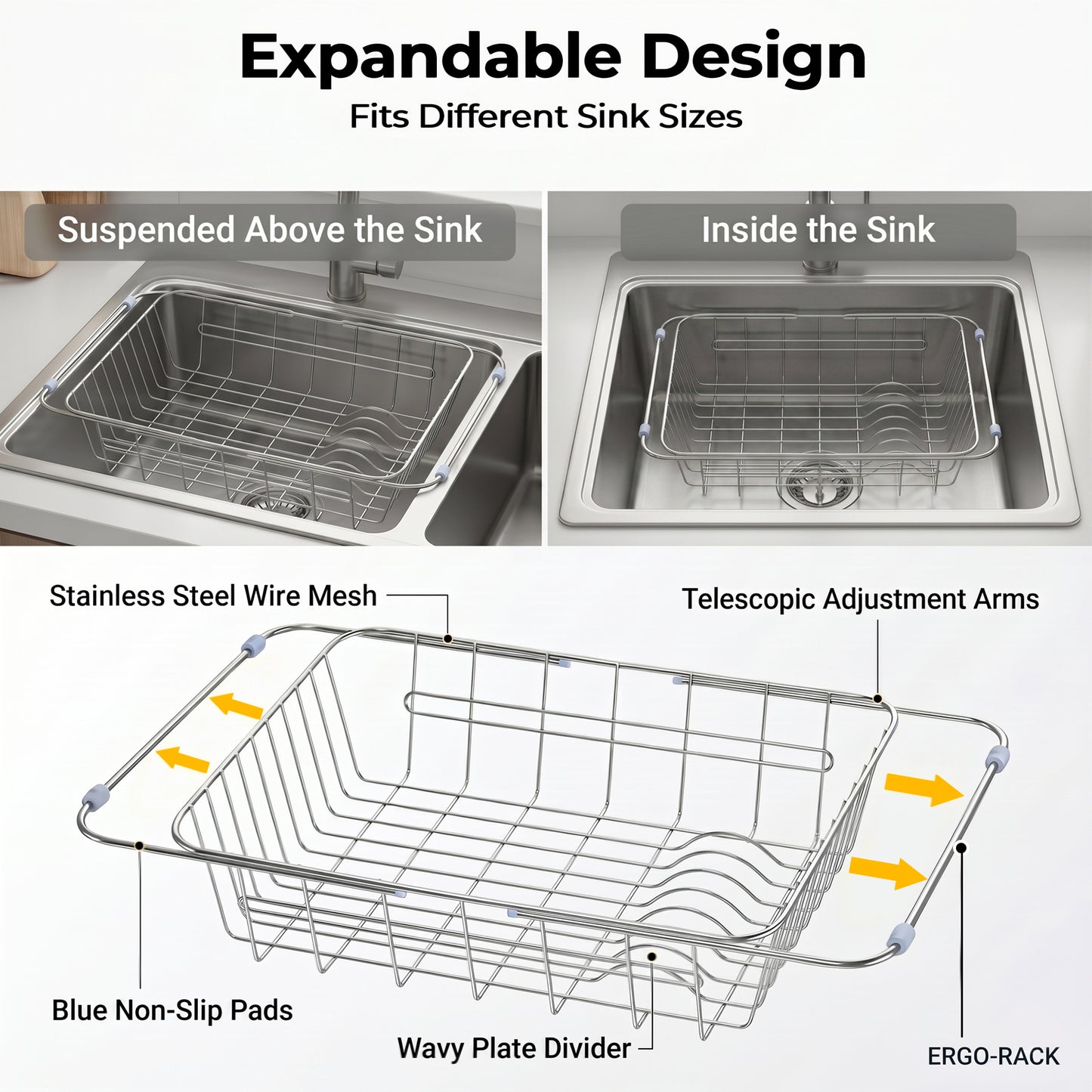 Riousery Dish Drying Rack, Stainless Steel Expandable Over Sink Dish Rack, Adjustable Dish Drainer for Kitchen Sink or Countertop, Space-Saving Design, 14.9"–22"