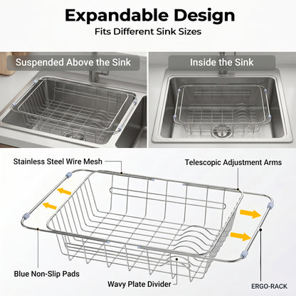 Riousery Dish Drying Rack, Stainless Steel Expandable Over Sink Dish Rack, Adjustable Dish Drainer for Kitchen Sink or Countertop, Space-Saving Design, 14.9"–22"