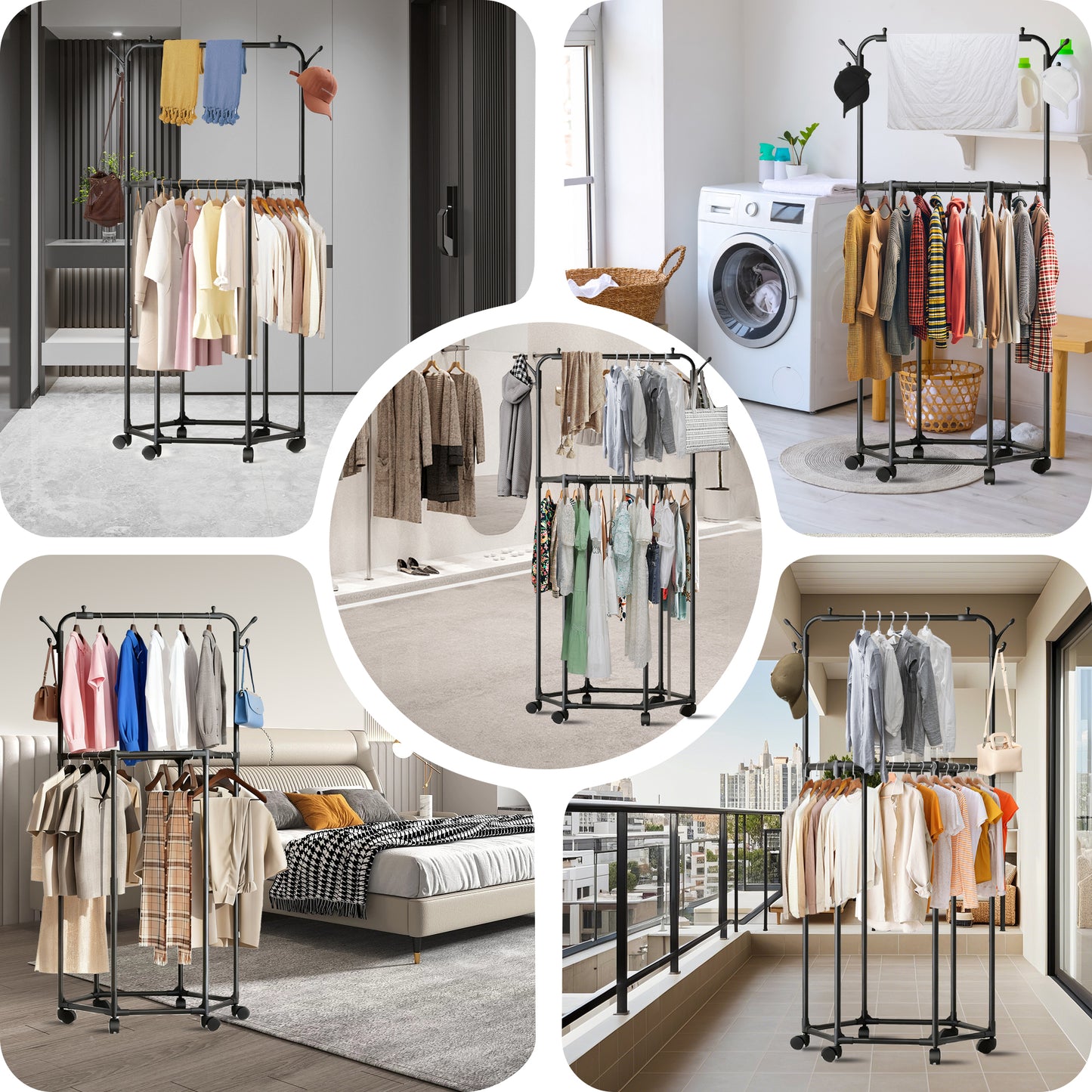 WEENEED Rolling Garment Rack with Wheels, Double-Layer Rotating Clothes & Coat Organizer with Hat Hooks, Multi-Functional Clothing Storage for Bedroom or Closet