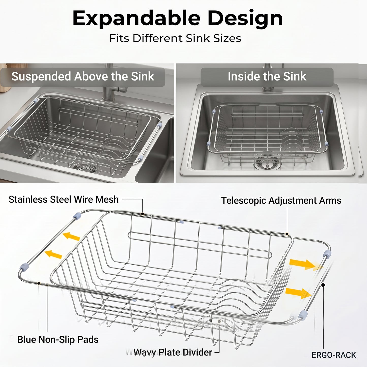 Riousery Dish Drying Rack, Stainless Steel Expandable Over Sink Dish Rack, Adjustable Dish Drainer for Kitchen Sink or Countertop, Space-Saving Design, 11.8"–16.5"