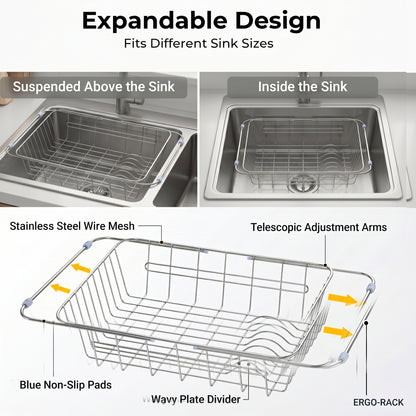 Riousery Dish Drying Rack, Stainless Steel Expandable Over Sink Dish Rack, Adjustable Dish Drainer for Kitchen Sink or Countertop, Space-Saving Design, 11.8"–16.5"