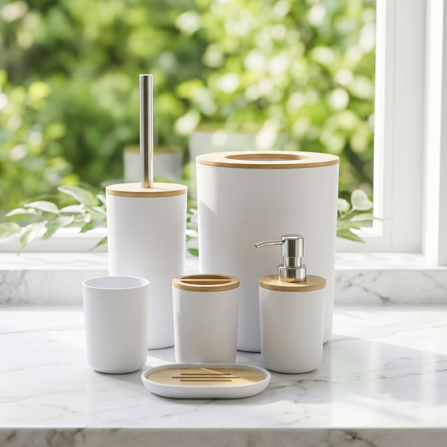 LZSDS 6 Piece Bathroom Accessory Set, Plastic Soap Dispenser with Trash Can and Toilet Brush for Vanity Countertop