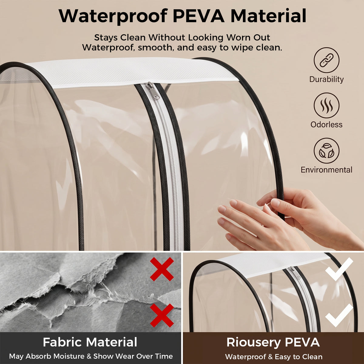 Riousery Clear Garment Bags for Closet Storage, 3 Pack Hanging Clothes Covers with 10" Gusset, Waterproof PEVA Suit Bags with Side Zipper for Dresses, Jackets and Coats