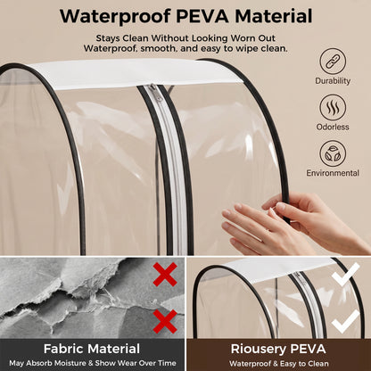 Riousery Clear Garment Bags for Closet Storage, 3 Pack Hanging Clothes Covers with 10" Gusset, Waterproof PEVA Suit Bags with Side Zipper for Dresses, Jackets and Coats