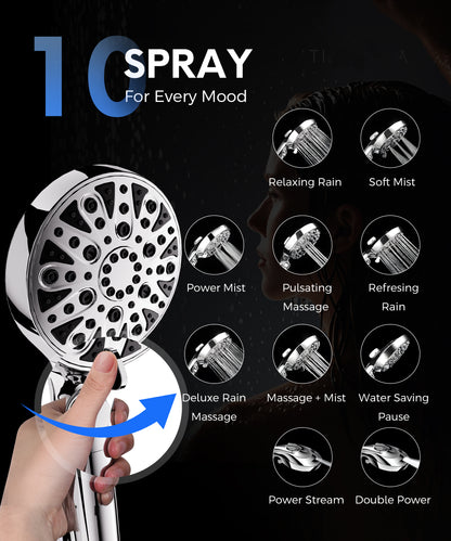 Hodvit Handheld Filtered Shower Head, 10 Spray Modes High Pressure Shower Head with Pause Function, New