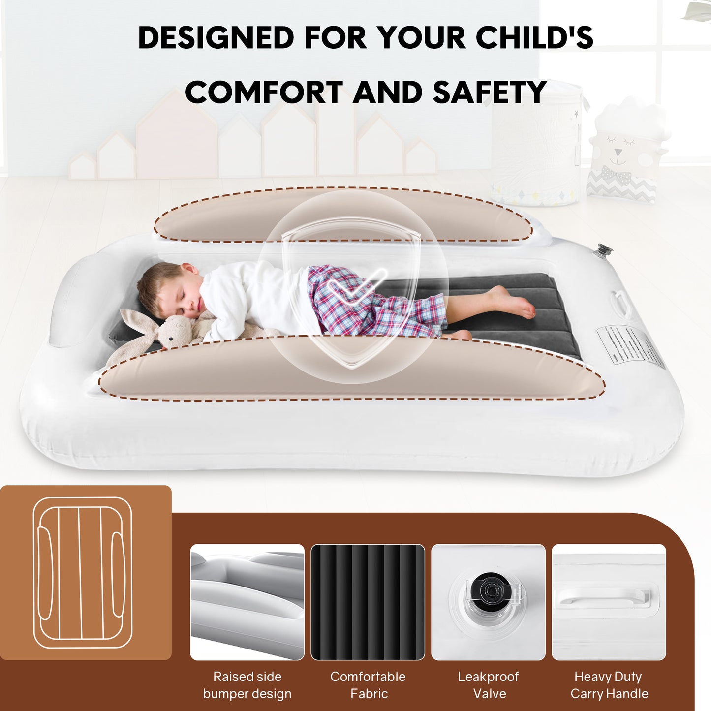 Rupoun Toddler Travel Bed Inflatable Air Mattress for Kids, Baby, Camping, Portable, Gray