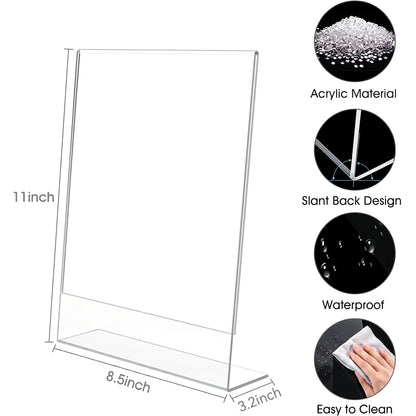 LZSDS Acrylic Sign Holder 8.5 x 11 in 6 Pack, Clear Slant Back Display Stand for Office Restaurant Store Trade Show
