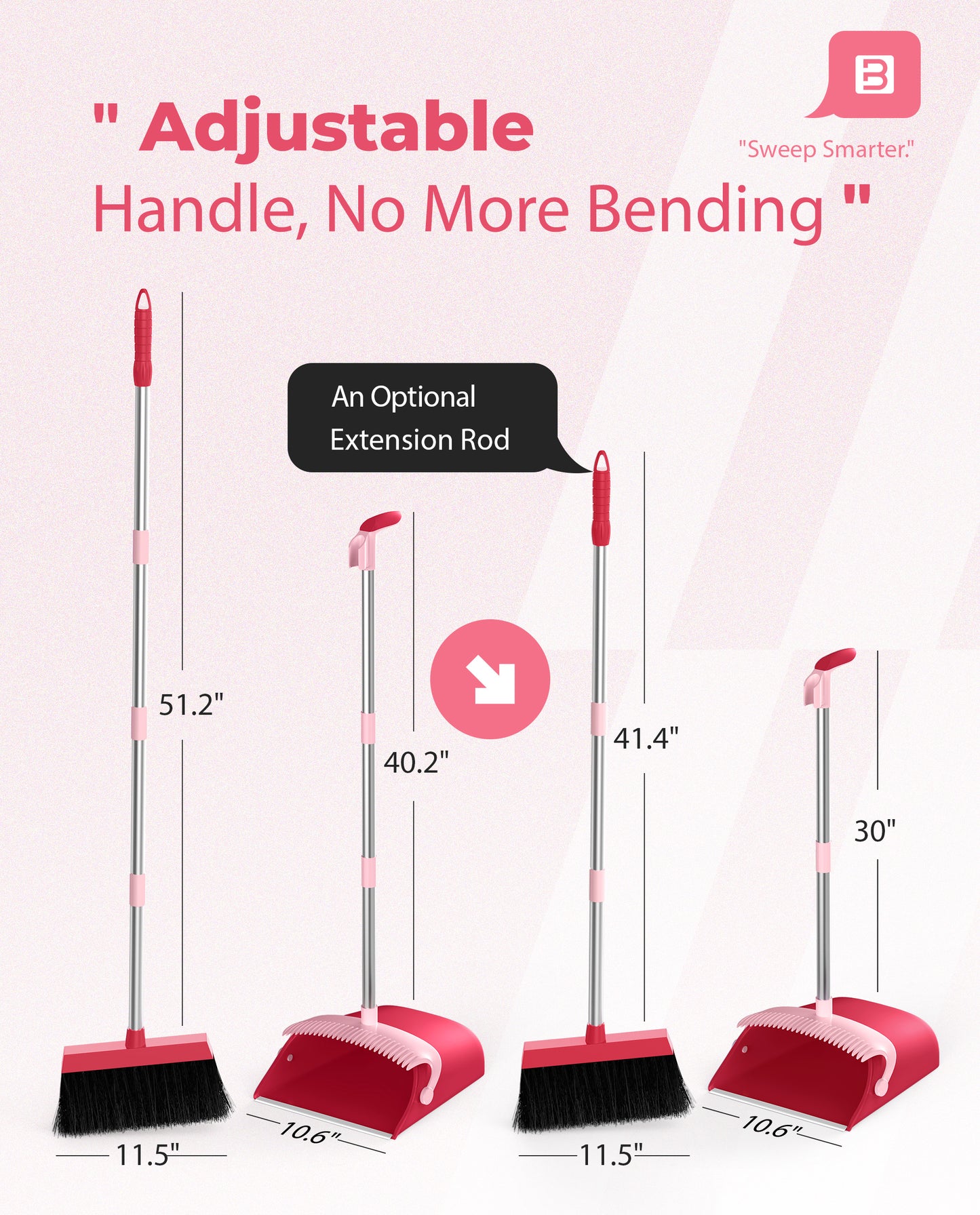 BIMZUC Broom and Dustpan Set for Home, 51" Long Handle Dustpan w/Comb, Broom & Dustpan, Rose Red