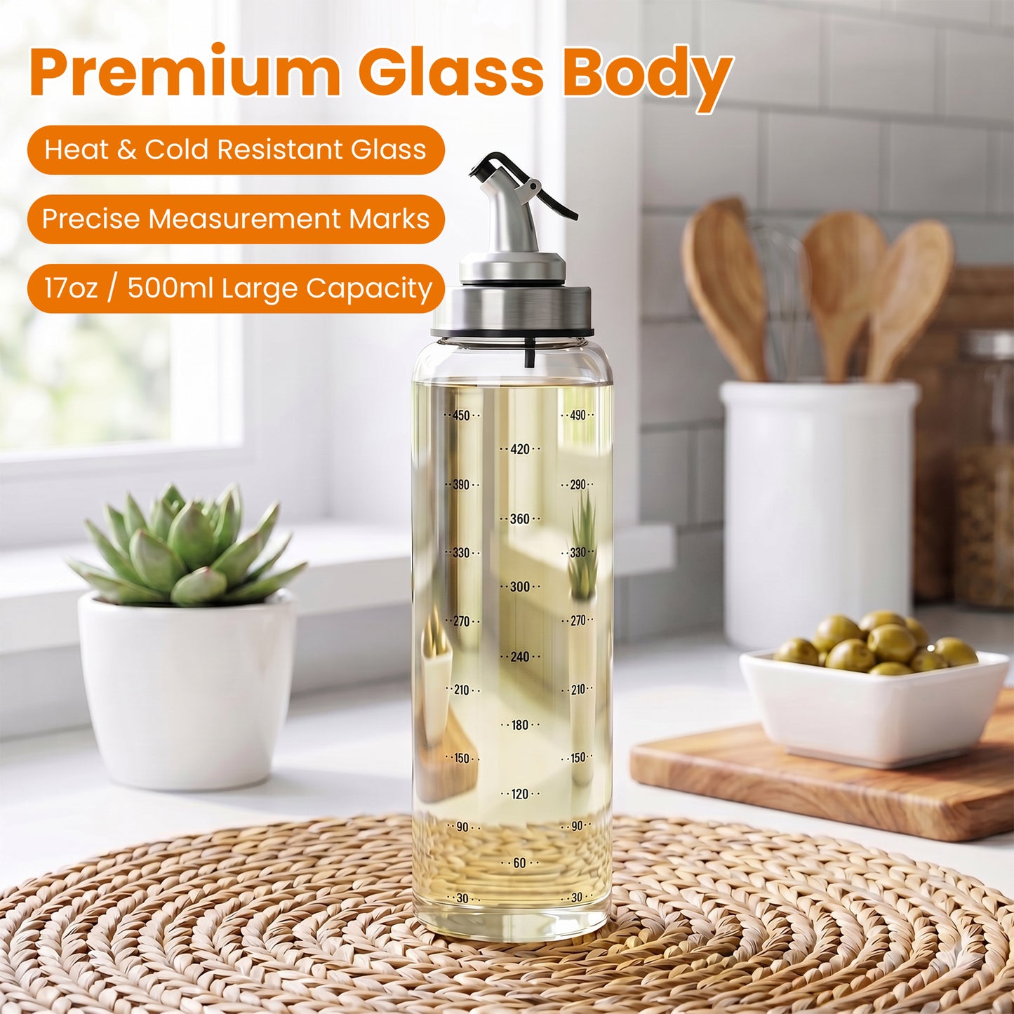 Riousery Glass Honey Dispenser Bottle, 17oz (500ml) No-Drip Syrup Dispenser with Measurement Marks, Stainless Steel & Glass, Leakproof Lid for Honey, Oil, Syrup