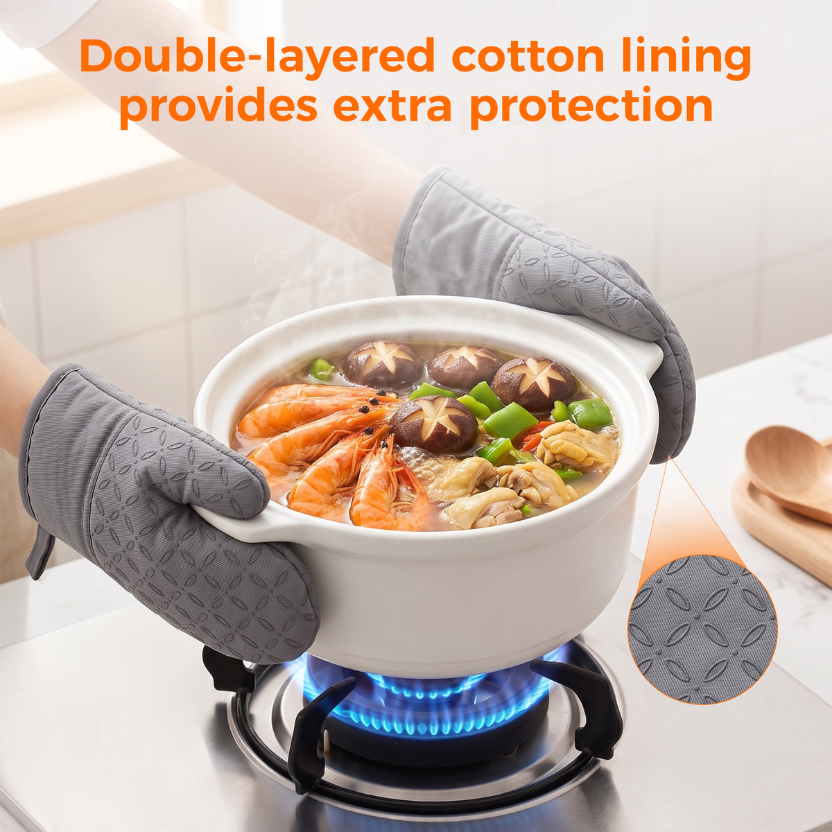 M Buder Oven Mitts Set, 4 Pcs 392°F Heat Resistant Pot Holders and Oven Mitts, Extra Long Thick Cotton Kitchen Oven Gloves for Cooking, Baking, BBQ, Gray