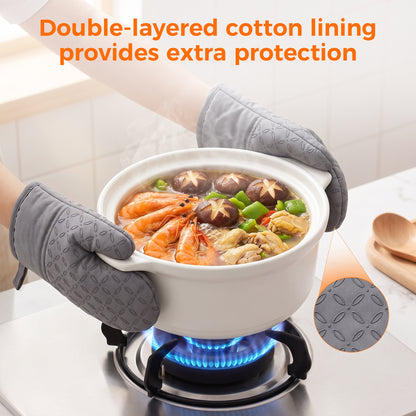 M Buder Oven Mitts Set, 4 Pcs 392°F Heat Resistant Pot Holders and Oven Mitts, Extra Long Thick Cotton Kitchen Oven Gloves for Cooking, Baking, BBQ, Gray